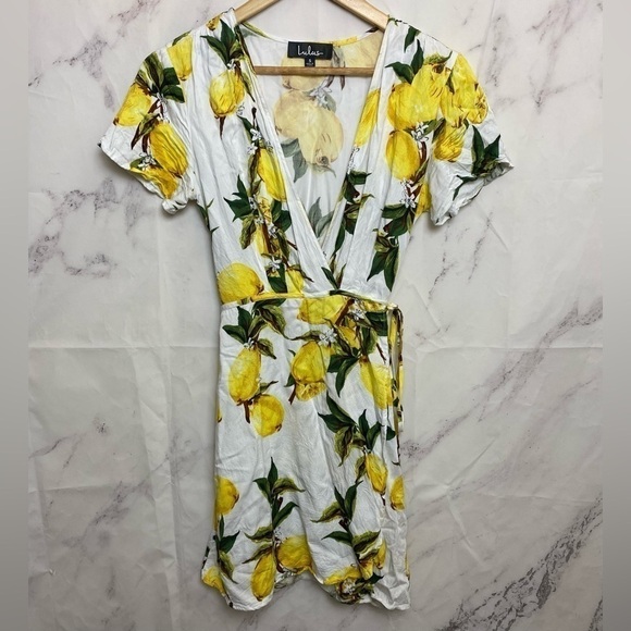 LULU'S A La Tart Lemon Print Wrap Mini Dress - D31 - Picture 1 of 6